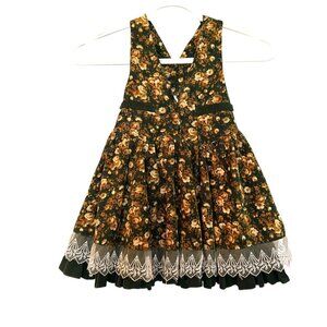 Vintage Girl's Green Corduroy Pinnafore Dress Lace Trim Floral Easter Size 3/4T